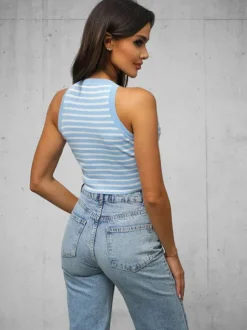 New Damen Tanktop Blau/Weiß O/JK6557 Damen Tops