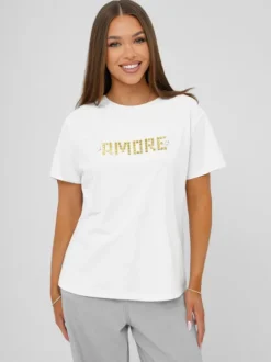 New Damen T-shirt Weiß-Gold JS/YJ77716 Damen T-shirts Mit Motiv