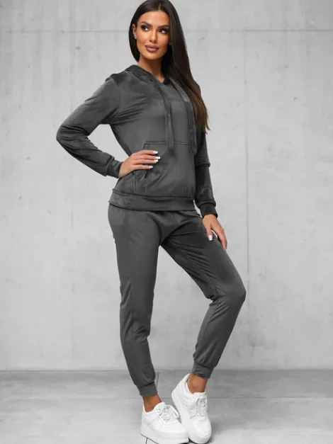New Damen Velours Sportanzug Anthrazit JS/35C1612/5 Damen Velours Trainingsanzüge | Trainingsanzüge Mit Kapuze