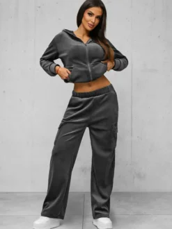 Outlet Damen Velours Sportanzug Anthrazit JS/35C1613/5 Damen Velours Trainingsanzüge | Trainingsanzüge Mit Reißverschluss