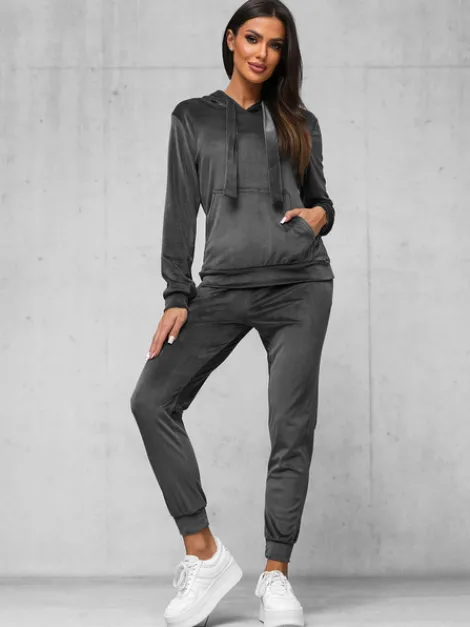 New Damen Velours Sportanzug Anthrazit JS/35C1612/5 Damen Velours Trainingsanzüge | Trainingsanzüge Mit Kapuze