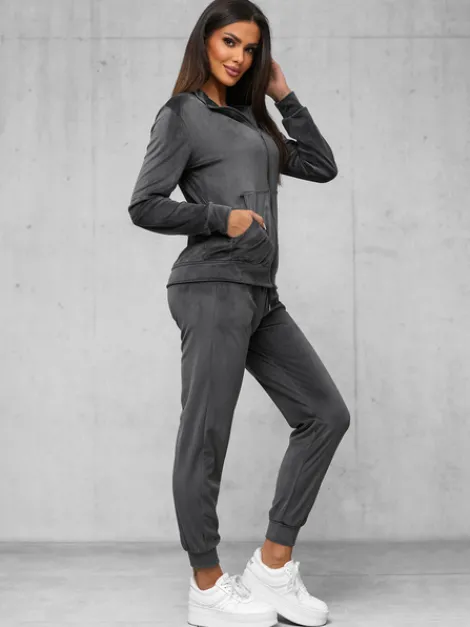 Hot Damen Velours Sportanzug Anthrazit JS/35C1610/5 Damen Velours Trainingsanzüge | Trainingsanzüge Mit Reißverschluss