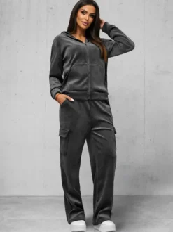 Outlet Damen Velours Sportanzug Anthrazit JS/35C1613/5 Damen Velours Trainingsanzüge | Trainingsanzüge Mit Reißverschluss