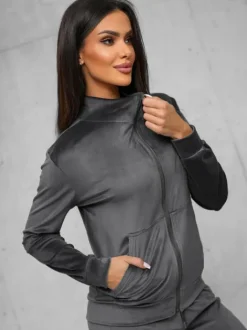Hot Damen Velours Sportanzug Anthrazit JS/35C1610/5 Damen Velours Trainingsanzüge | Trainingsanzüge Mit Reißverschluss