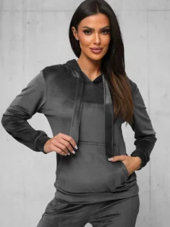 New Damen Velours Sportanzug Anthrazit JS/35C1612/5 Damen Velours Trainingsanzüge | Trainingsanzüge Mit Kapuze