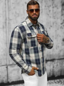 Clearance Herren Hemd Marineblau NB/MC727BS Herren Langarm Hemden | Kariertehemden