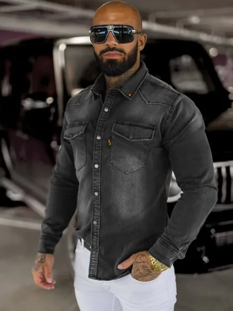 Best Herren Jeanshemd Anthrazit O/51413 Herren Langarm Hemden | Jeanshemden