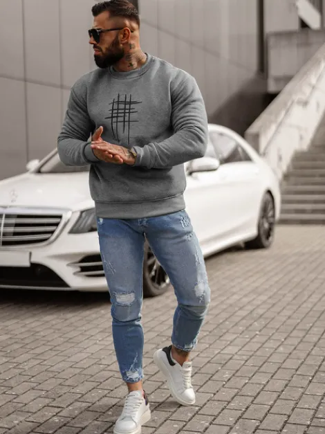 New Herren Sweatshirt Dunkelgrau JS/8B1361/5 Herren Sweatshirts Mit Print | Sweatshirts Ohne Kapuze