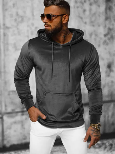 Fashion Herren Velours Kapuzenpullover Anthrazit JS/8B1170/6 Herren Sweatshirts Ohne Print | Kapuzenpullover