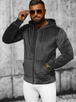 Fashion Herren Velours Kapuzenpullover Anthrazit JS/8B1168/6 Herren Kapuzenpullover | Sweatjacken